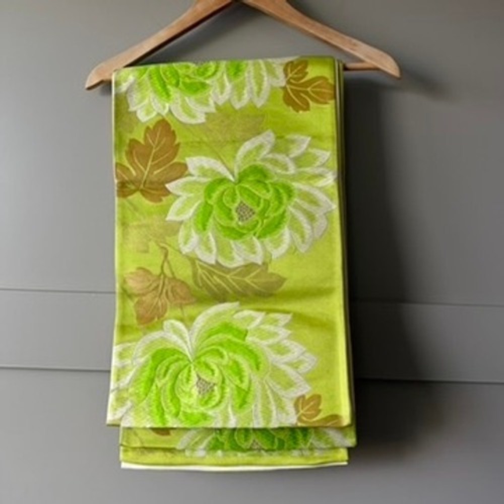 Vintage Japanese Fukuro Obi Silk Lime Green Chrysanthemum‎ Floral Sash Belt